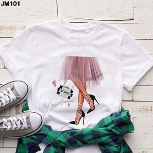 Fashionable and beautiful high heels printing Tshirt Harajuku women